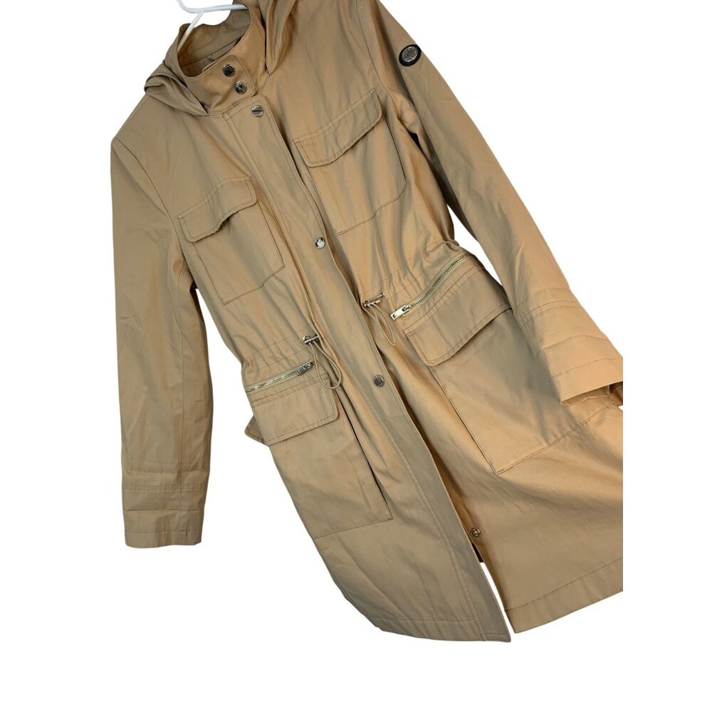 DKNY Womens Tan Hooded Trench Coat Cinched Waist Size M RB10381GUC Khaki